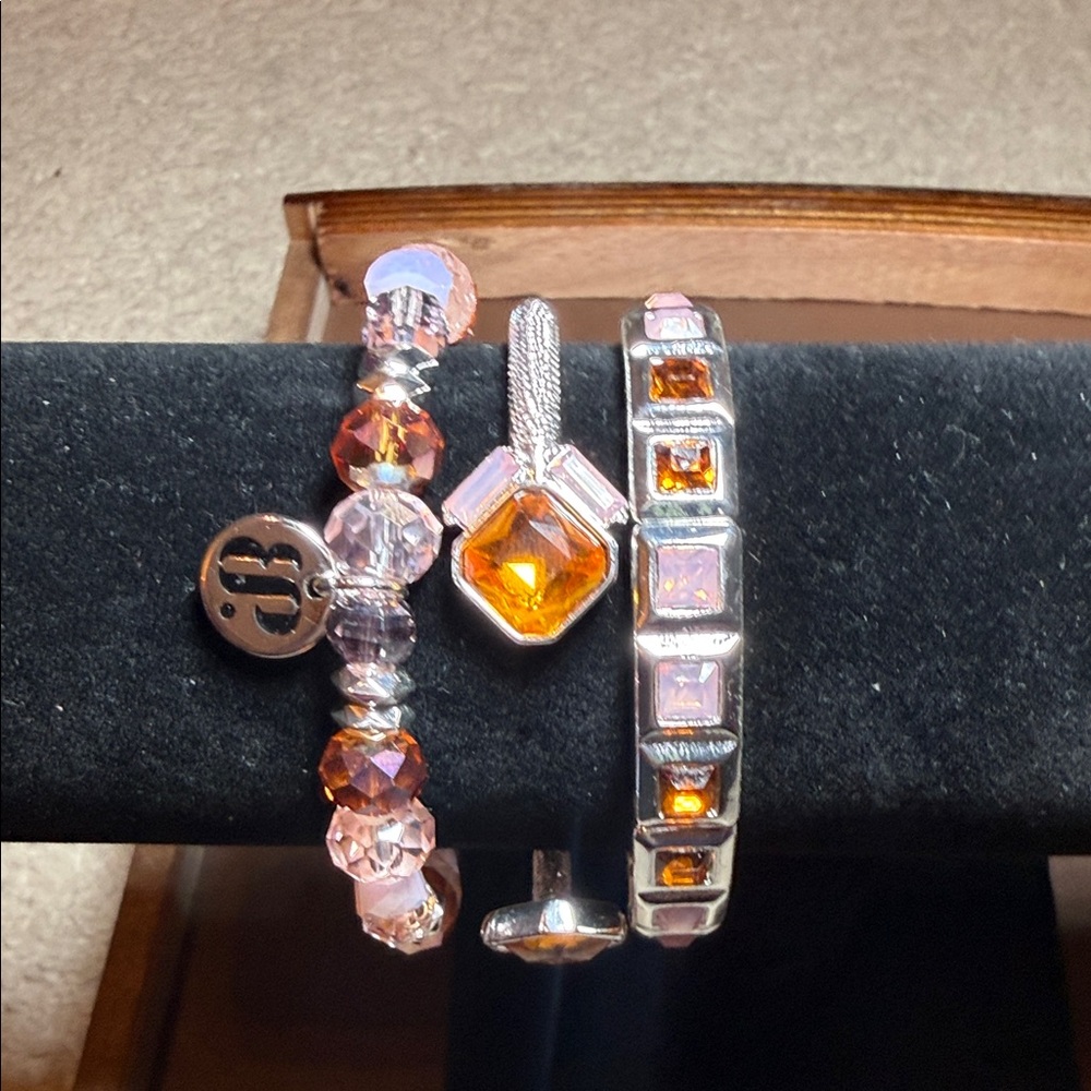 Bomb Party Peach Stack. Elegant Silver, Peach and Pink Bracelet Set